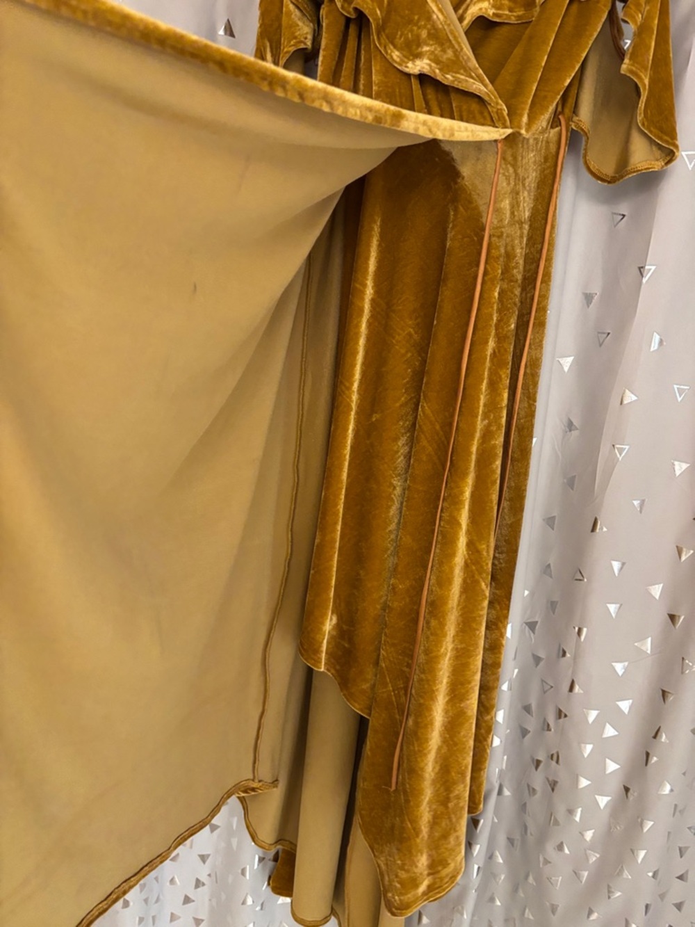 AKIRA Mustard Gold Velvet Ruffle High-Low Wrap Dress - Picture 4 of 7
